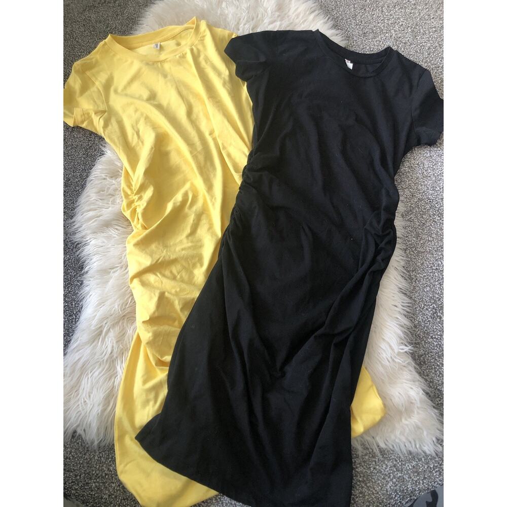 Laughido Cinched Side Ruching Dress Set Of Two Medium Black Yellow Stretchy H1